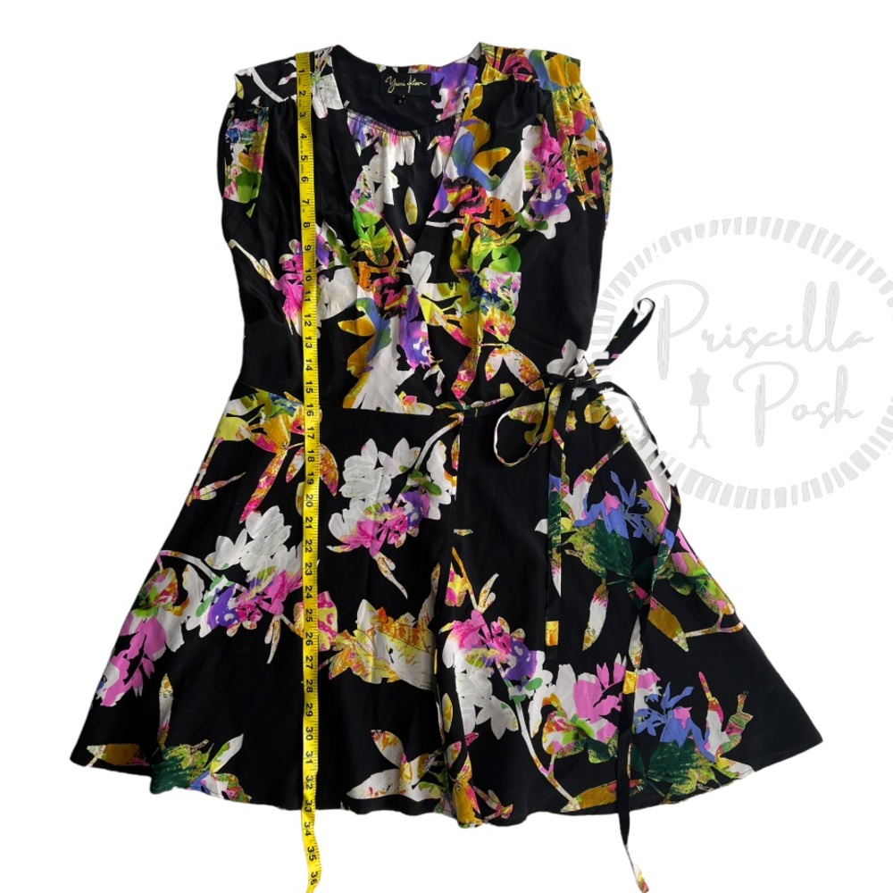 Yumi Kim Black Vibrant Floral Print Wrap Dress Short Sleeve 100% Silk Pink Green - Picture 6 of 13